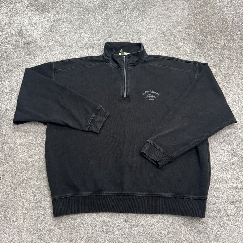 Tommy Bahama Relax 1/4 Zip Pullover Sweatshirt Mens XL Black Cotton Marlin Logo